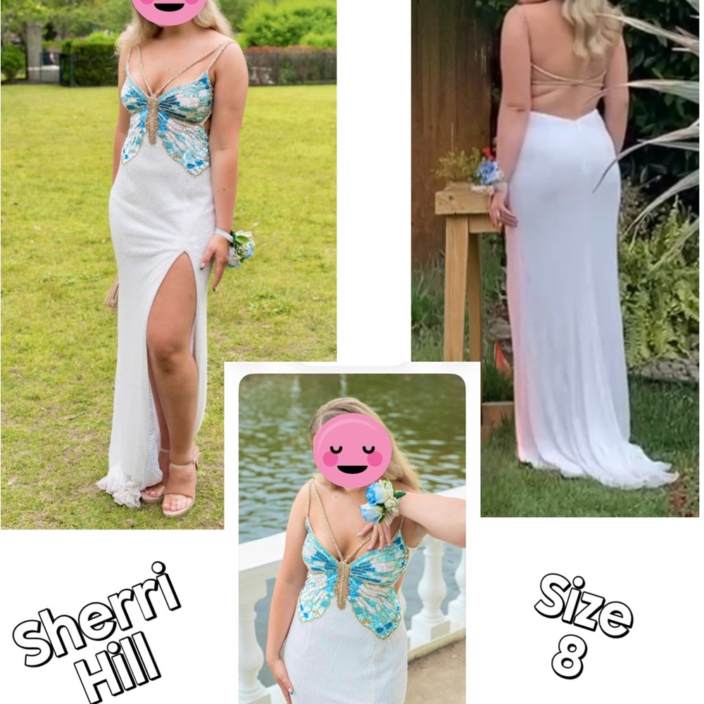 Sherri Hill White Sequin Gown with Turquoise and Gold Butterfly🦋 Embellishment